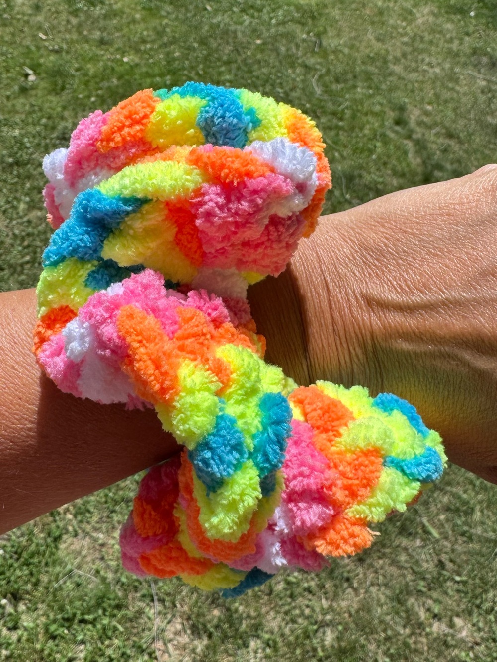 Jumbo Oversized Crocheted‎ Scrunchie For Thick Hair, Neon Rainbow !